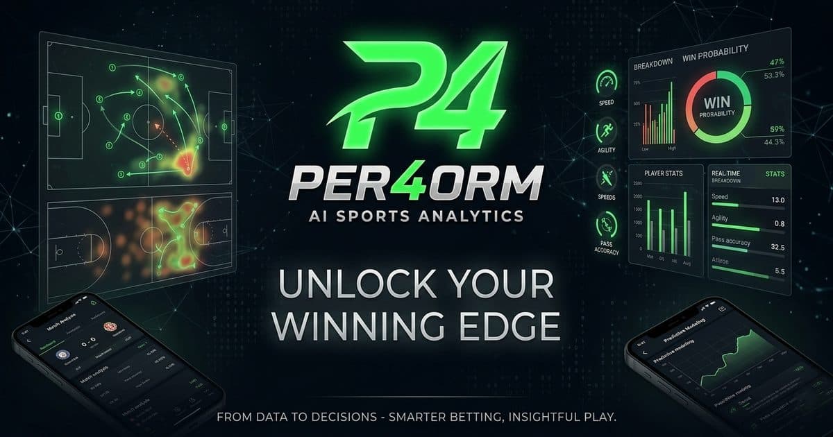 Per4orm dashboard-style visual with win probability and player stat panels used for player props dashboard research workflows.